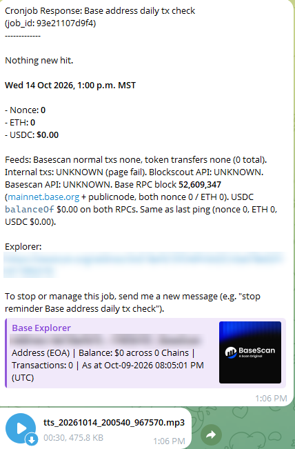 Telegram message: daily Base address transaction check, nothing new